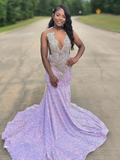 Ndyad Mermaid Sequin Purple Long Prom Dresses HZ1024