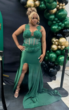Ndyad Jewel Sheath Dark Green Long Prom Dresses Satin Appliques Dark Green Evening Gowns with Slits HZ1024