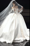 Ndyad Off-the-shoulder Ball Gown White Wedding Dress with Applique Satin Bridal Dress Elegant Long-sleeved Bridal Gown HZ1024