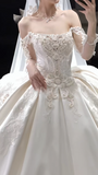 Ndyad Off-the-shoulder Ball Gown White Wedding Dress with Applique Satin Bridal Dress Elegant Long-sleeved Bridal Gown HZ1024