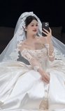 Ndyad Off-the-shoulder Ball Gown White Wedding Dress with Applique Satin Bridal Dress Elegant Long-sleeved Bridal Gown HZ1024