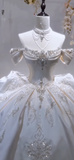 Ndyad Off-the-shoulder Ball Gown White Wedding Dress Satin Beaded Bridal Dress Elegant Bridal Gown HZ1024