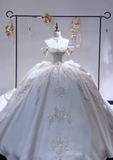 Ndyad Off-the-shoulder Ball Gown White Wedding Dress Satin Beaded Bridal Dress Elegant Bridal Gown HZ1024