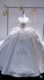 Ndyad Off-the-shoulder Ball Gown White Wedding Dress Satin Beaded Bridal Dress Elegant Bridal Gown HZ1024