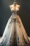 Ndyad V-neck Ball Gown White Wedding Dress Tulle Applique Bridal Dress Elegant Bridal Gown HZ1024