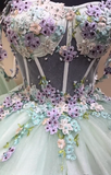 Ndyad Light Green Ball Gown Spaghetti Straps Quinceanera Dress Tulle Applique Sweet 16 Dress HZ1024
