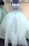 Ndyad Light Green Ball Gown Spaghetti Straps Quinceanera Dress Tulle Applique Sweet 16 Dress HZ1024