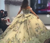 Ndyad Off-the-shoulder Ball Gown Long Prom Dress Green Tulle Applique Quinceanera Dress Sweet 16 Dress HZ1024