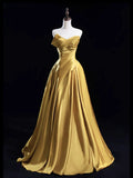 Ndyad Satin Gold Long Prom Dress, Gold Long Formal Dress HZ1024