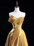 Ndyad Satin Gold Long Prom Dress, Gold Long Formal Dress HZ1024