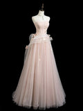 Ndyad Tulle Applique Long Prom Dress, Pink Long Formal Dress HZ1024