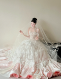 Ndyad Strapless Wedding Dresses A-Line Lace Bridal Gowns Sleeveless White/Pink Bridal Dresses HZ1024