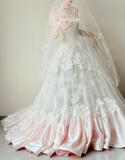Ndyad Strapless Wedding Dresses A-Line Lace Bridal Gowns Sleeveless White/Pink Bridal Dresses HZ1024