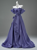 Ndyad Off-the-shoulder A-Line Long Prom Dress Satin Applique Purple Formal Evening Dress Glam Graduation Dress HZ1024