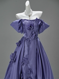 Ndyad Off-the-shoulder A-Line Long Prom Dress Satin Applique Purple Formal Evening Dress Glam Graduation Dress HZ1024