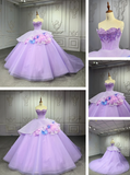 Ndyad Strapless Ball Gown Tulle Long Prom Dresses Beaded Purple Quinceanera Dresses Sweet 16 Dress HZ1024