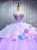 Ndyad Strapless Ball Gown Tulle Long Prom Dresses Beaded Purple Quinceanera Dresses Sweet 16 Dress HZ1024