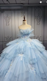 Ndyad Strapless Ball Gown Tiered Tulle Long Prom Dresses Applique Light Blue Quinceanera Dresses Sleeveless Sweet 16 Dress HZ1024