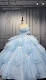Ndyad Strapless Ball Gown Tiered Tulle Long Prom Dresses Applique Light Blue Quinceanera Dresses Sleeveless Sweet 16 Dress HZ1024