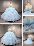 Ndyad Strapless Ball Gown Tiered Tulle Long Prom Dresses Applique Light Blue Quinceanera Dresses Sleeveless Sweet 16 Dress HZ1024