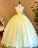 Ndyad Spaghetti Strap Ball Gown Tulle Long Prom Dresses Cute Yellow Quinceanera Dresses Sleeveless Sweet 16 Dress HZ1024