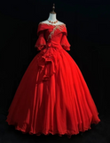 Ndyad Off-the-shoulder Ball Gown Beaded Chiffon Long Prom Dresses Red Quinceanera Dresses Long Sleeve Sweet 16 Dress HZ1024