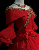 Ndyad Off-the-shoulder Ball Gown Beaded Chiffon Long Prom Dresses Red Quinceanera Dresses Long Sleeve Sweet 16 Dress HZ1024