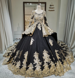 Ndyad Jewel Ball Gown Applique Satin Long Prom Dresses Black Quinceanera Dresses Long Sleeve Sweet 16 Dress HZ1024