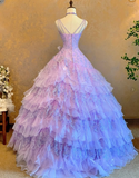 Ndyad Spaghetti Strap Ball Gown Beaded Tulle Long Prom Dresses Lilac Quinceanera Dresses Sleeveless Sweet 16 Dress HZ1024