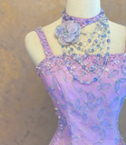 Ndyad Spaghetti Strap Ball Gown Beaded Tulle Long Prom Dresses Lilac Quinceanera Dresses Sleeveless Sweet 16 Dress HZ1024
