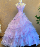 Ndyad Spaghetti Strap Ball Gown Beaded Tulle Long Prom Dresses Lilac Quinceanera Dresses Sleeveless Sweet 16 Dress HZ1024