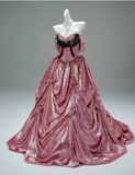 Ndyad Off-the-shoulder A-Line Long Prom Dress Satin Applique Pink Quinceanera Dresses Sweet 16 Dress HZ1024