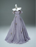 Ndyad Off-the-shoulder A-Line Long Prom Dress Velvet Applique Lilac Formal Evening Dress Sweet 16 Dress HZ1024