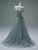Ndyad Off-the-shoulder A-Line Long Prom Dress Tulle Sequins Gray Green Formal Evening Dress Sweet 16 Dress HZ1024