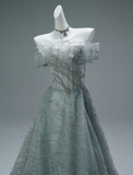 Ndyad Off-the-shoulder A-Line Long Prom Dress Tulle Sequins Gray Green Formal Evening Dress Sweet 16 Dress HZ1024