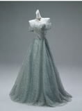 Ndyad Off-the-shoulder A-Line Long Prom Dress Tulle Sequins Gray Green Formal Evening Dress Sweet 16 Dress HZ1024