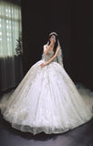 Ndyad White Ball Gown Tulle Beaded Wedding Dress Straps Lace Applique Bridal Gown with Veil HZ1024