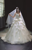 Ndyad White Ball Gown Tulle Wedding Dress Strapless Applique Satin Bridal Gown with Veil HZ1024