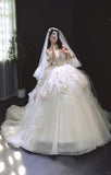 Ndyad White Ball Gown Tulle Wedding Dress Off-the-shoulder Lace Applique Bridal Gown with Veil HZ1024