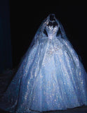 Ndyad Strapless Ball Gown White Luxury Wedding Dress Elegant Tulle Sequin Sleeveless Bridal Dress HZ1024
