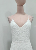 Ndyad Spaghetti Strap Sheath Chiffon Beading Luxury Wedding Dresses, Elegant White Bridal Gowns HZ1024