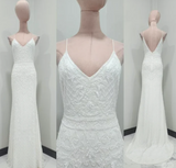 Ndyad Spaghetti Strap Sheath Chiffon Beading Luxury Wedding Dresses, Elegant White Bridal Gowns HZ1024