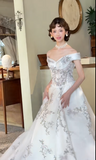 Ndyad Off-the-shoulder Ball Gown with Tulle Appliques Luxury Wedding Dresses, Backless White Bridal Gowns HZ1024