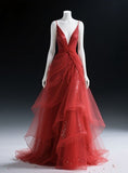 Ndyad V-neck Sheath Tulle Long Prom Dresses, Red Burgundy Evening Dresses HZ1024