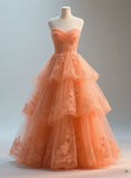 Ndyad Sweetheart Neck Ball Gown Tulle Appliques Long Prom Dresses, Coral Quinceanera Dresses HZ1024