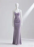 Ndyad Spaghetti Strap Sheath Velvet Long Prom Dresses, Lavender Formal Evening Dresses HZ1024