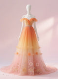Ndyad Off-the-shoulder A-Line Tulle Long Prom Dresses, Gradient Orange Formal Evening Dresses HZ1024