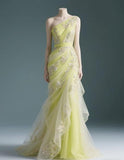 Ndyad One-shoulder Mermaid Tulle Applique Long Prom Dresses, Yellow Sweet 16 Dress HZ1024