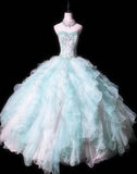 Ndyad Sweetheart Ball Gown Tulle Long Prom Dresses, Tiffany Blue Quinceanera Dresses HZ1024