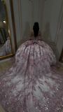 Ndyad Off-the-shoulder Ball Gown Tulle Sequin Long Prom Dresses, Pink Quinceanera Dresses Sweet 16 Dress HZ1024
